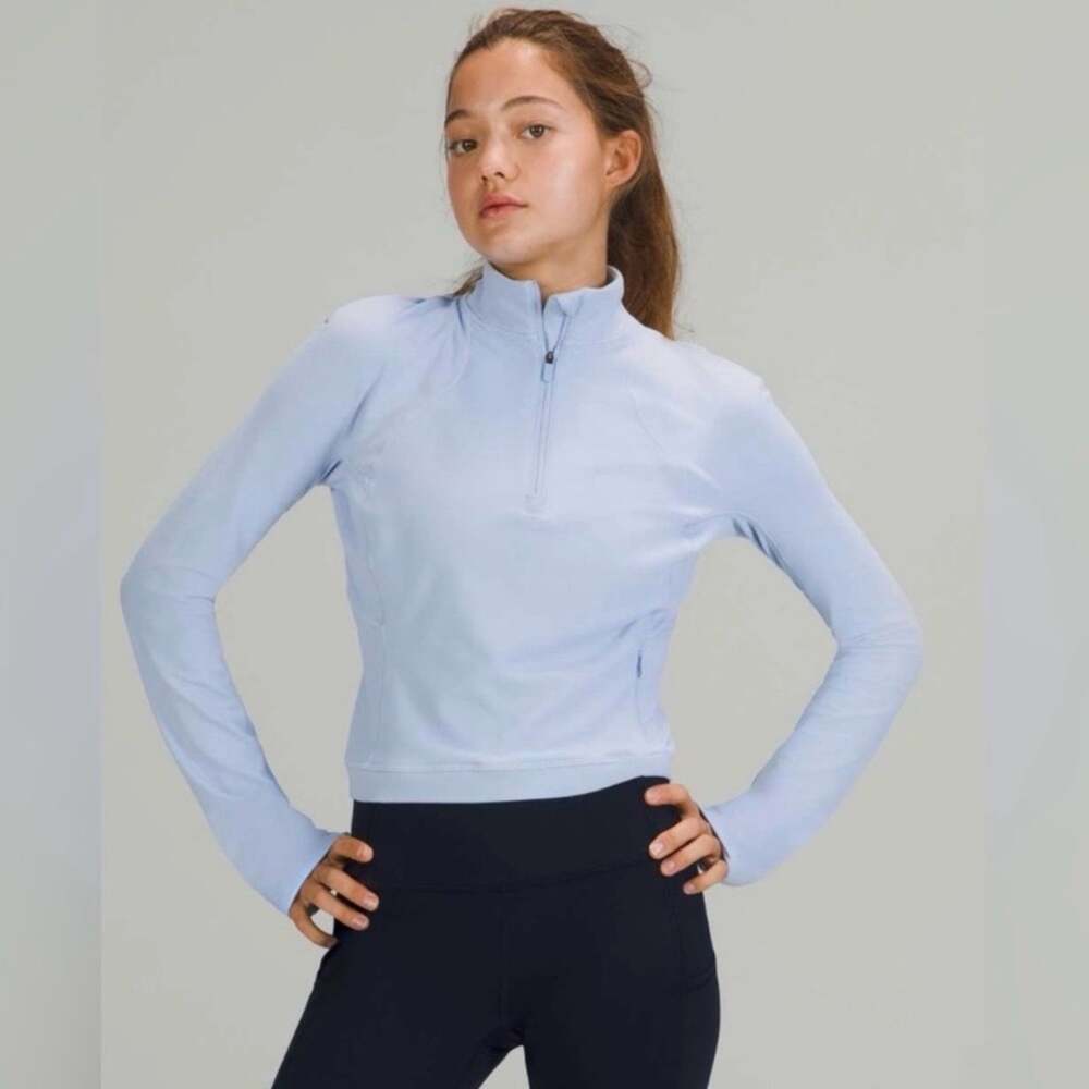 Lululemon Rulu Cropped Half Zip Running Top Blue Linen Size 12 Thumbholes